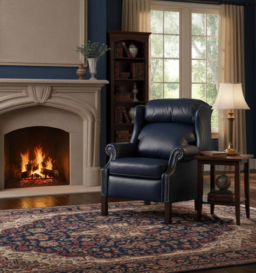 Leather Recliner With Chippendale Legs in Blue by Outlet Furniture