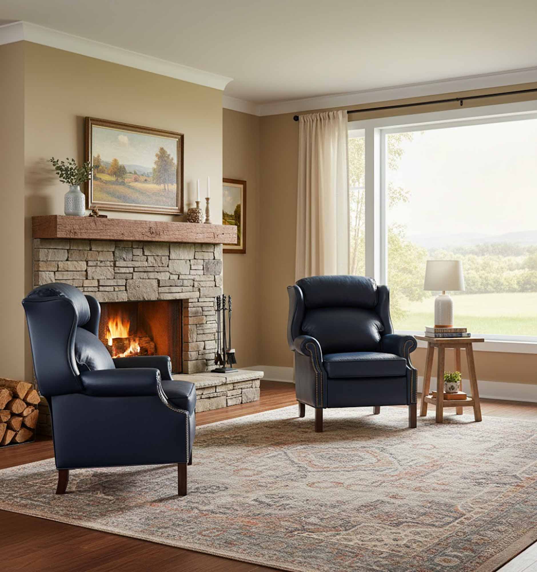 Leather Recliner With Chippendale Legs in Blue by Outlet Furniture