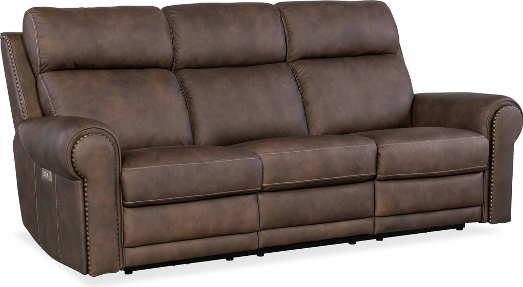 Dustin Leather Power Reclining Sofa With Articulating Headrest And Lumbar In Brown