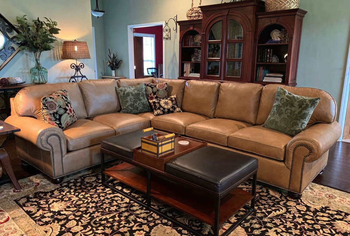 Tan leather sectional sofa with dark leather ottomans in a living room