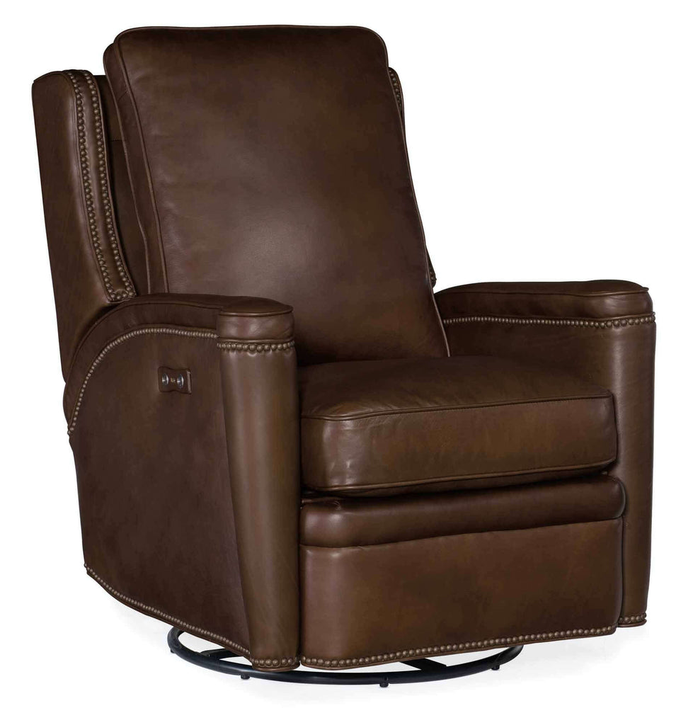 Rylea Leather Power Swivel Glider Recliner In Dark Brown | Budget Elegance | Wellington's Fine Leather Furniture