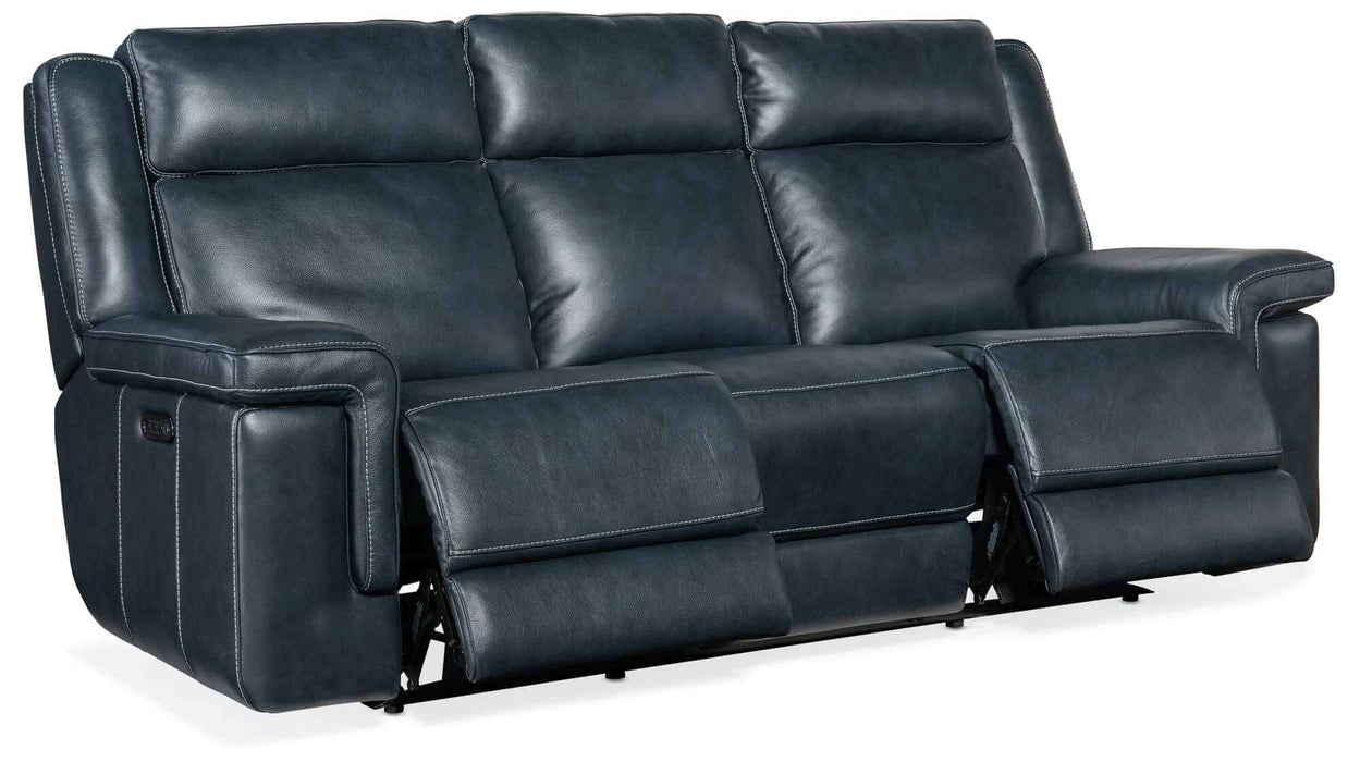 Montel Leather Power Reclining Sofa With Articulating Headrest And Lumbar In Blue