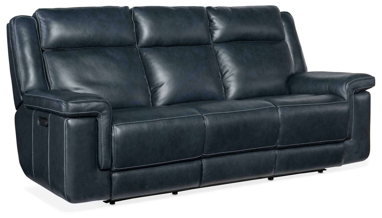 Montel Leather Power Reclining Sofa With Articulating Headrest And Lumbar In Blue